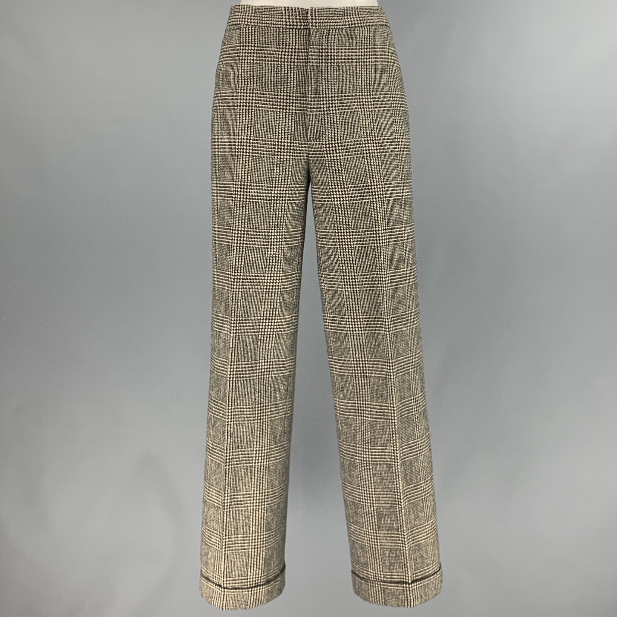 image of Ralph Lauren Black Cream Wool Glenplaid Wide Leg Dress Pants, Women's (Size 26)