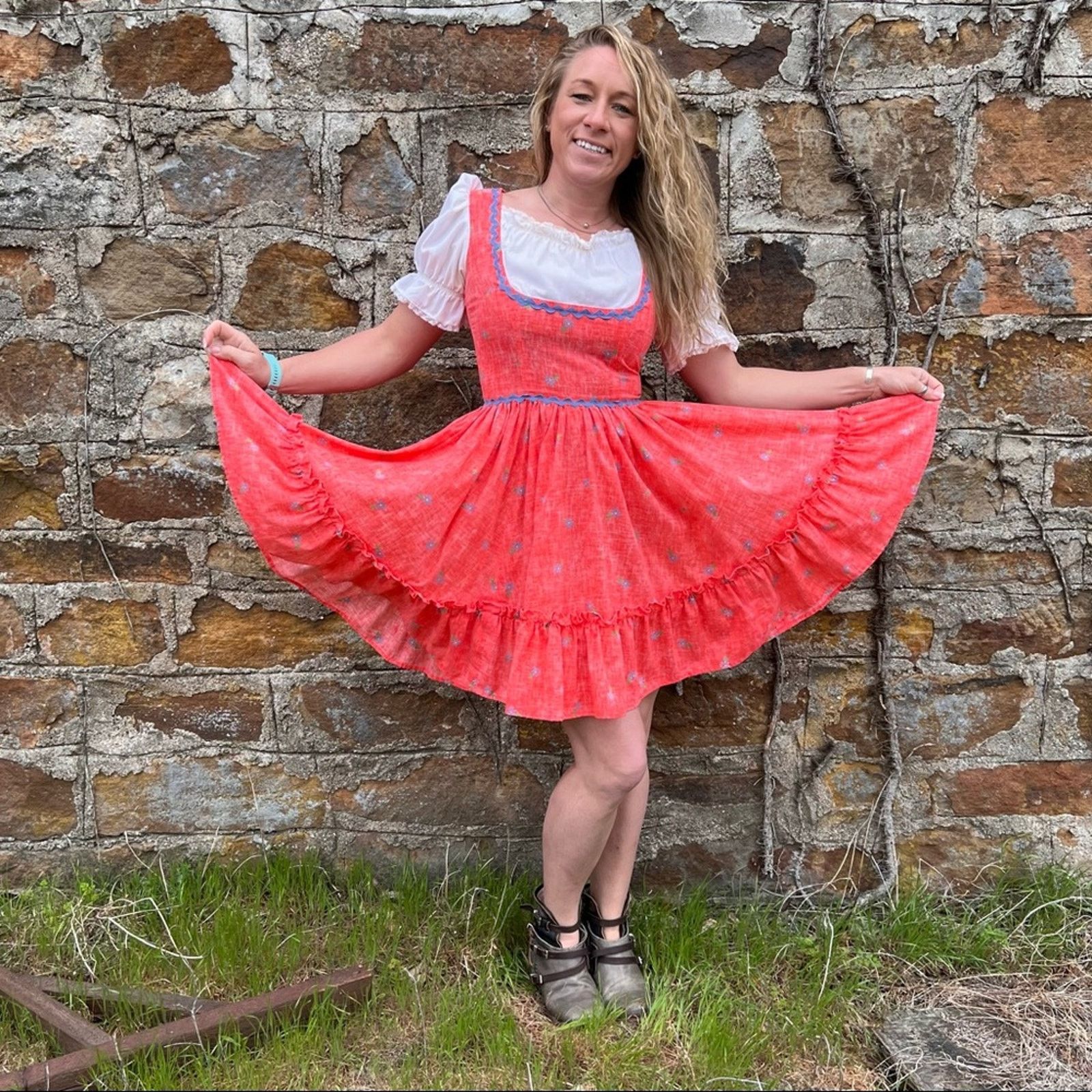 Vintage Vintage Dirndl pink coral calico square dance dress MEDIUM Size M / US 6-8 / IT 42-44 - 5 Thumbnail