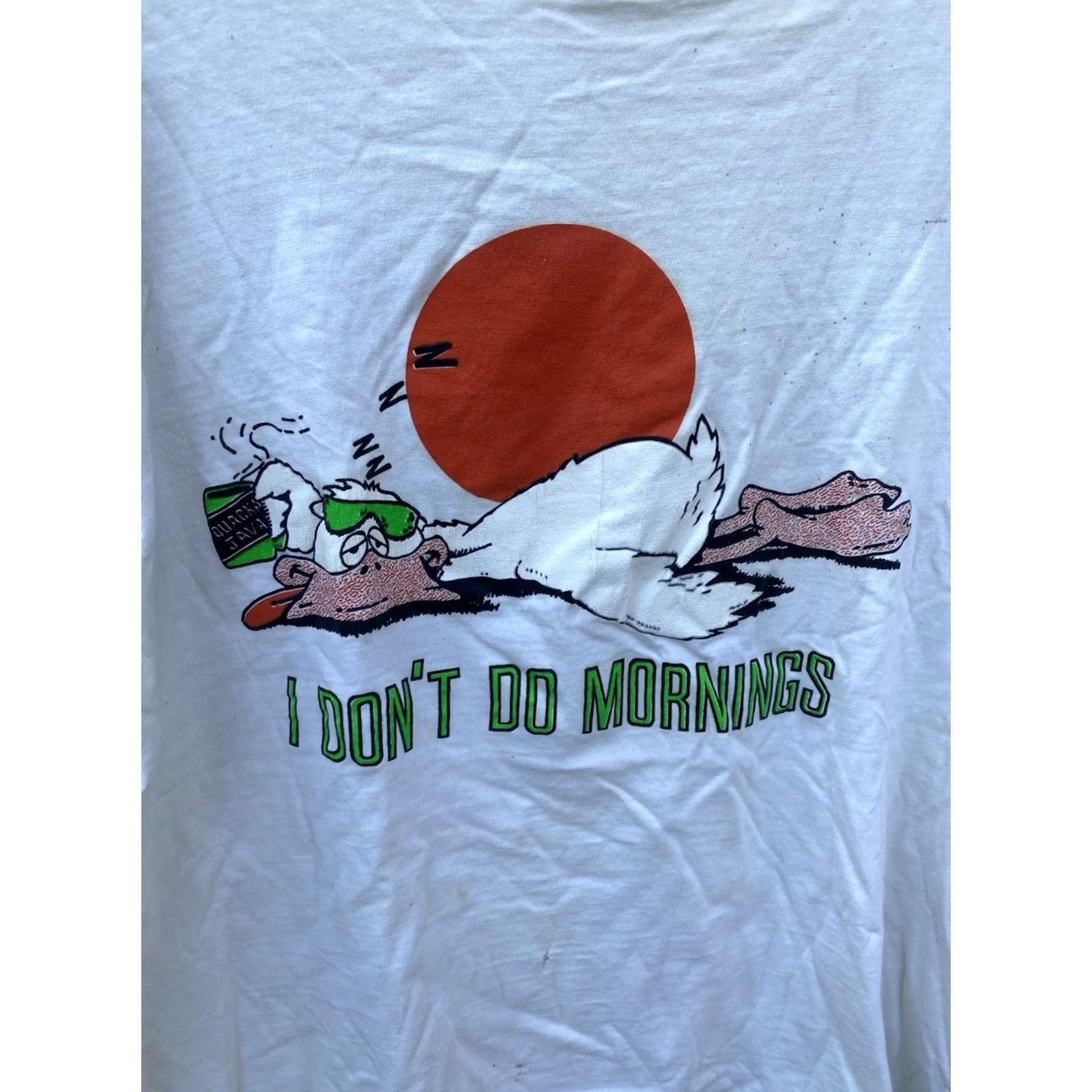 Vintage Vintage I Dont Do Mornings Quacks Java T Shirt XL White Bird Single Stitch Distressed Stained Holes Mens Shirt Size US XL / EU 56 / 4 - 5 Thumbnail