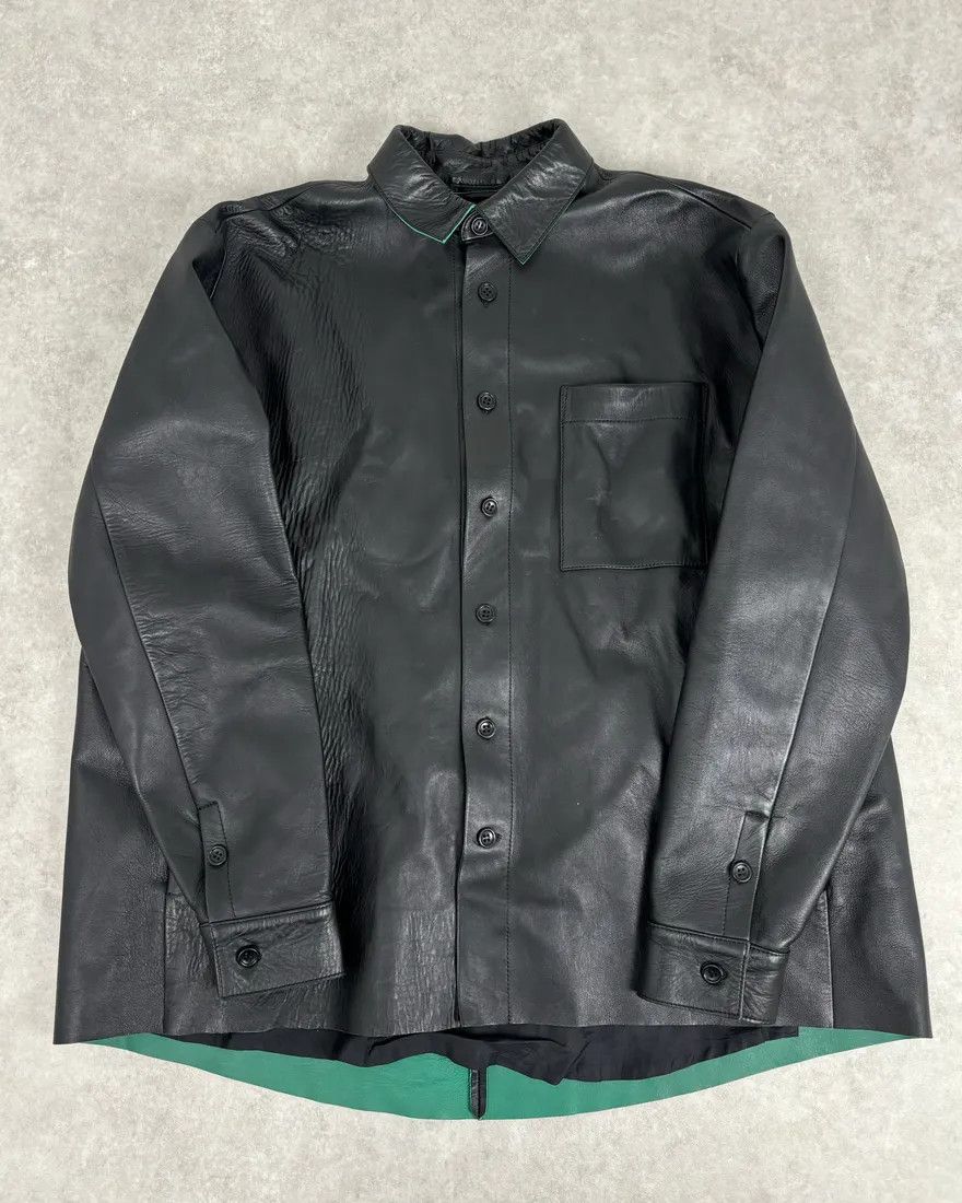 Acne Studios Acne Studios Black Leather Green Contrast Edges Shirt Jacket Size US M / EU 48-50 / 2 - 1 Thumbnail