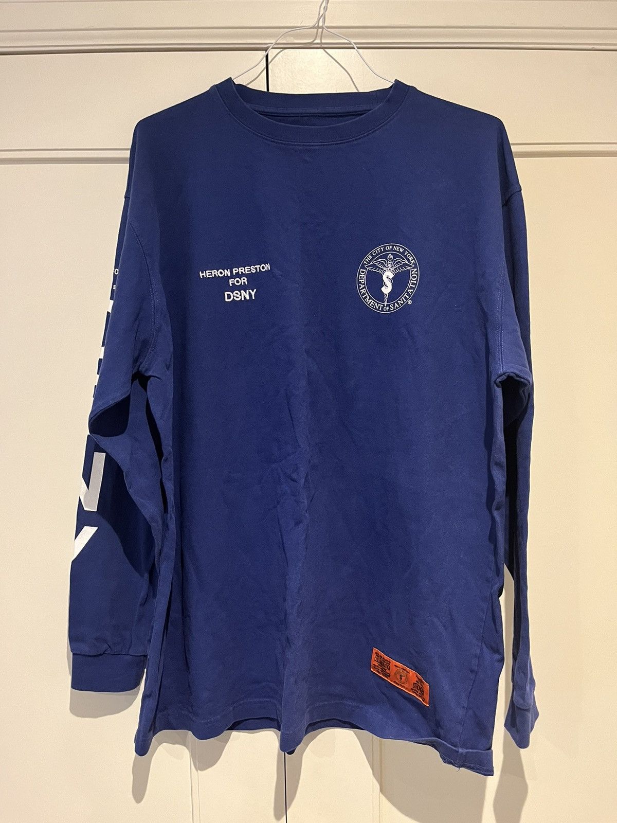 image of Heron Preston Dsny Nyc Sanitation Uniform Long Sleeve Shirt in Blue, Men's (Size Medium)