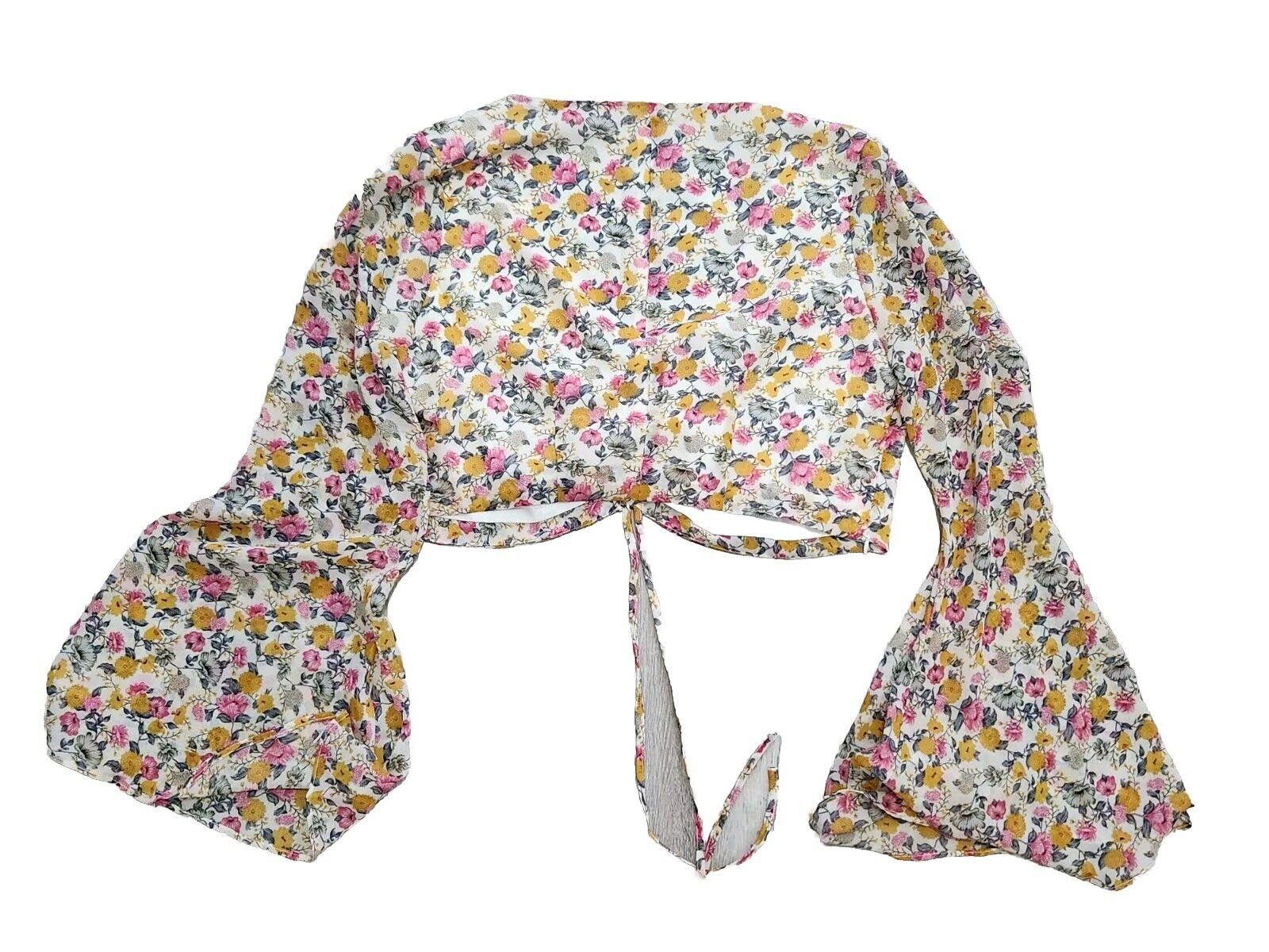 Designer Kittenish Crop Top Large long Bell Sleeves Floral Sweetheart Size L / US 10 / IT 46 - 2 Thumbnail