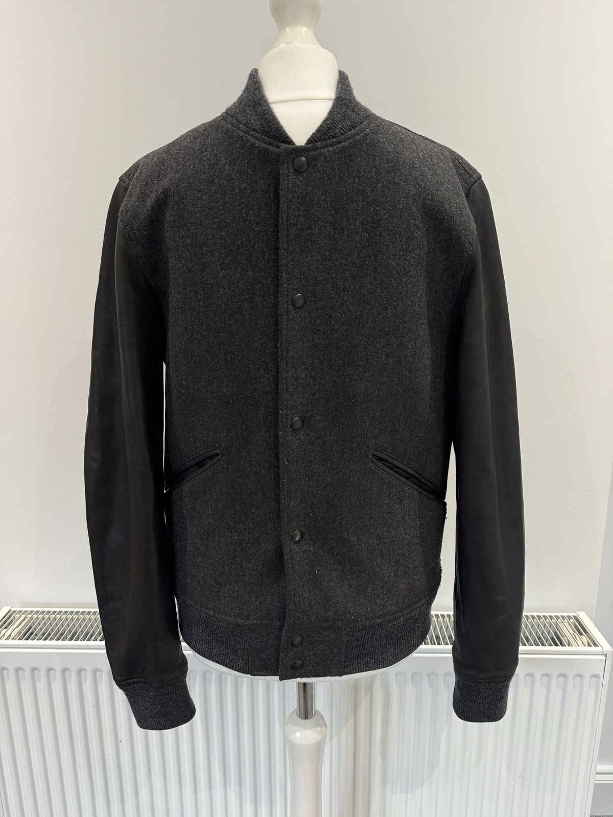 image of Allsaints All Saints Leather Sleeve & Wool Bomber Jacket in Grey, Men's (Size XS)