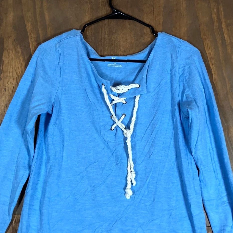 Talbots Talbots Women's Shirt Blue White V-Neck Long Sleeve 100% Cotton XS Casual Everyday Beachwear Shirt Womens Size XS / US 0-2 / IT 36-38 - 2 Thumbnail