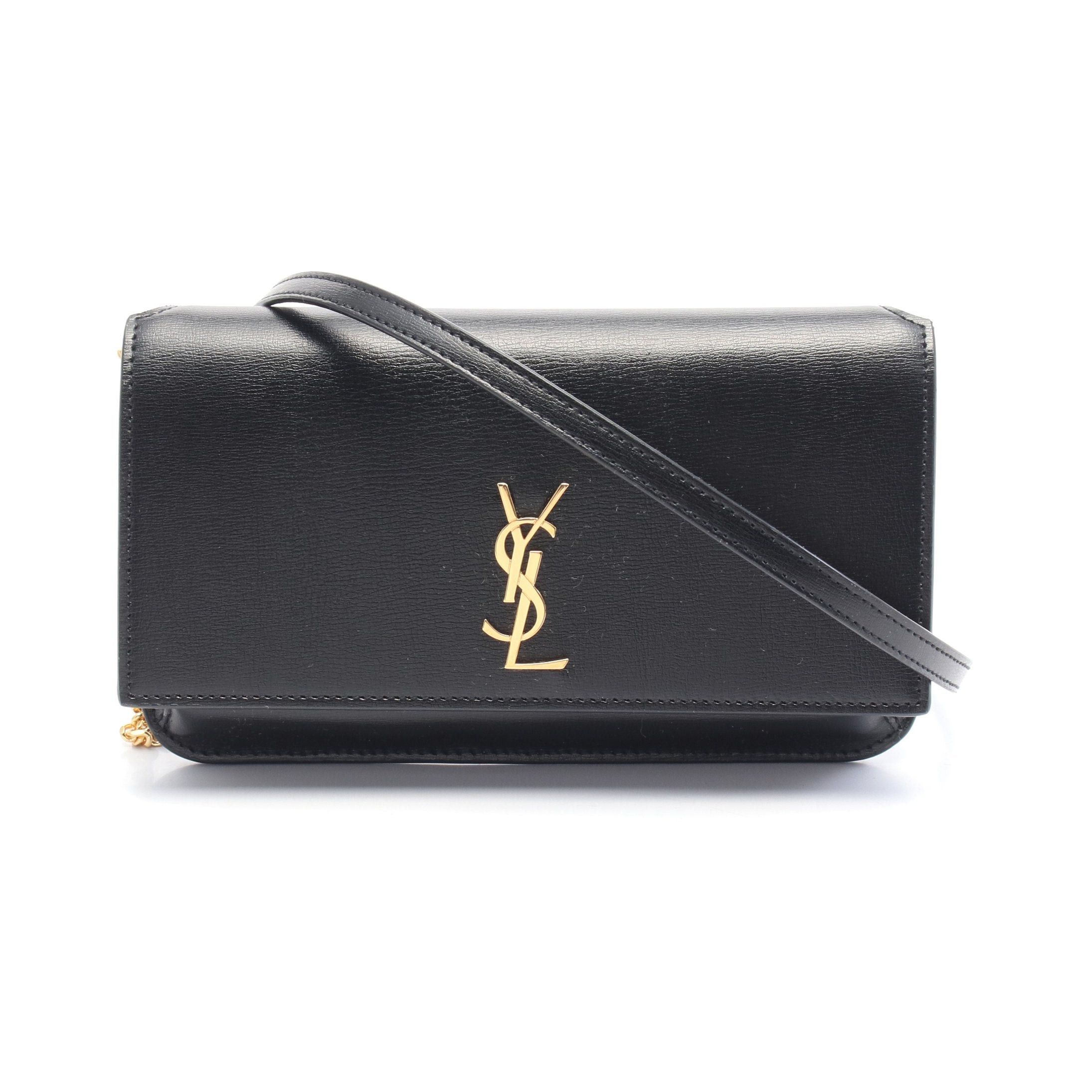 YVES Saint Laurent Monogram Phone Shoulder Chain Bag Leather Black, Women's