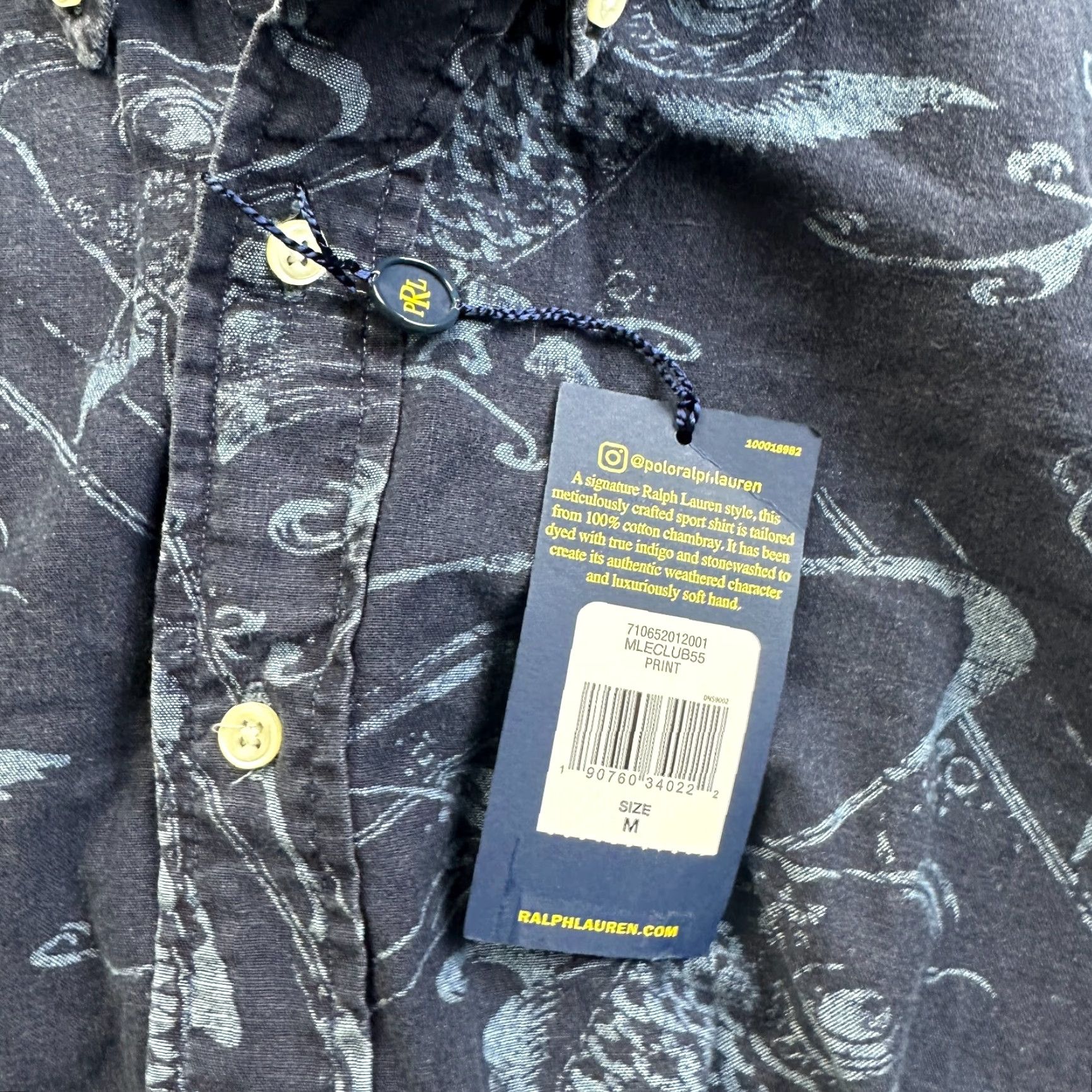 Ralph Lauren Shirt Mens Medium Slim Blue Button Up Koi All Over Print Geometric Pattern Short Sleeve Collared Knit Cotton Embroidered Button Up