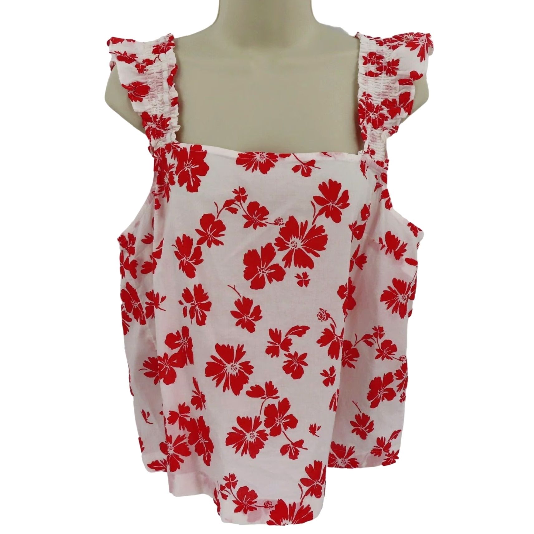 J.Crew J. Crew Tank Top Women Large Red White Hibiscus Tropical Flower Ruffle Sleeve NEW Size L / US 10 / IT 46 - 2 Thumbnail