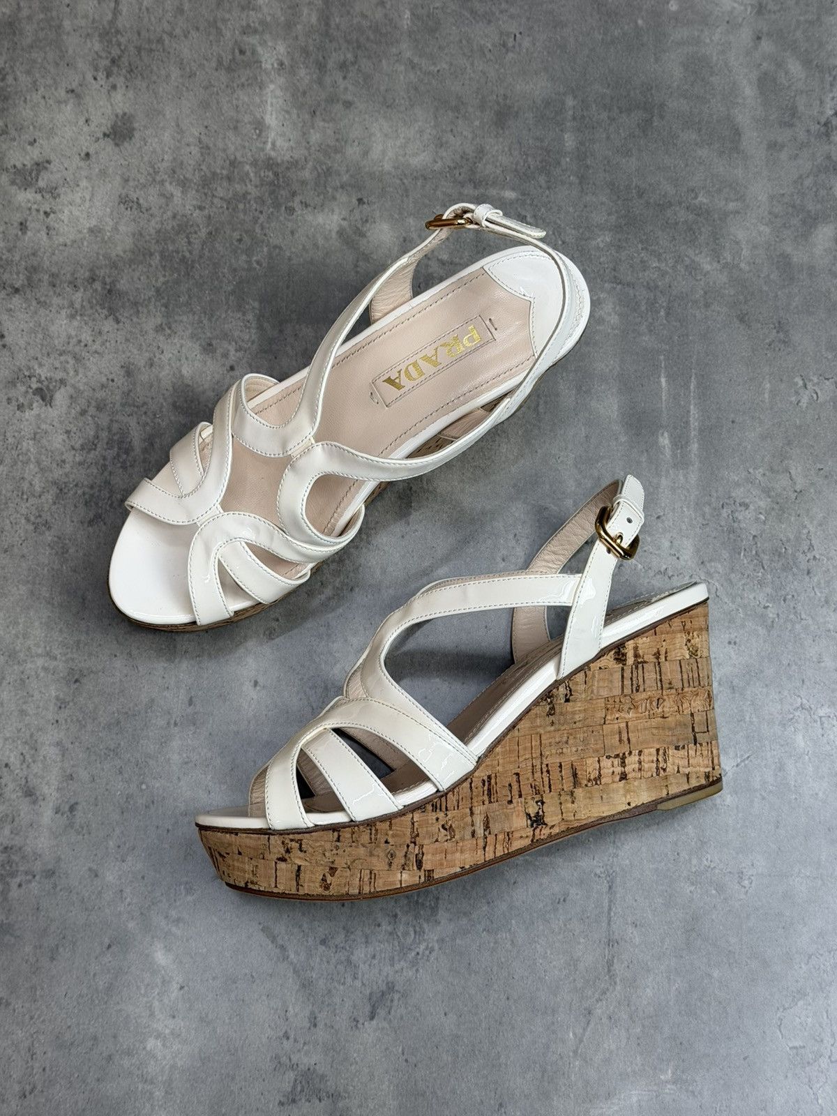 Prada Prada White Patent Cork Wedge Sandals EU 37 1/2 Size US 7.5 / IT 37.5 - 9 Thumbnail