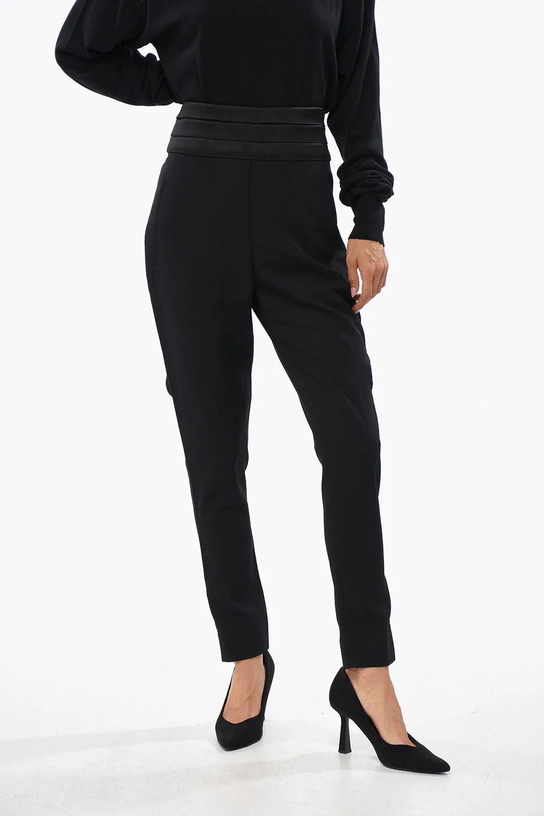Balmain og1mm0326 Satin High-Waist Solid-Color Pant in Black Size 26" / US 2 / IT 38 - 1 Thumbnail