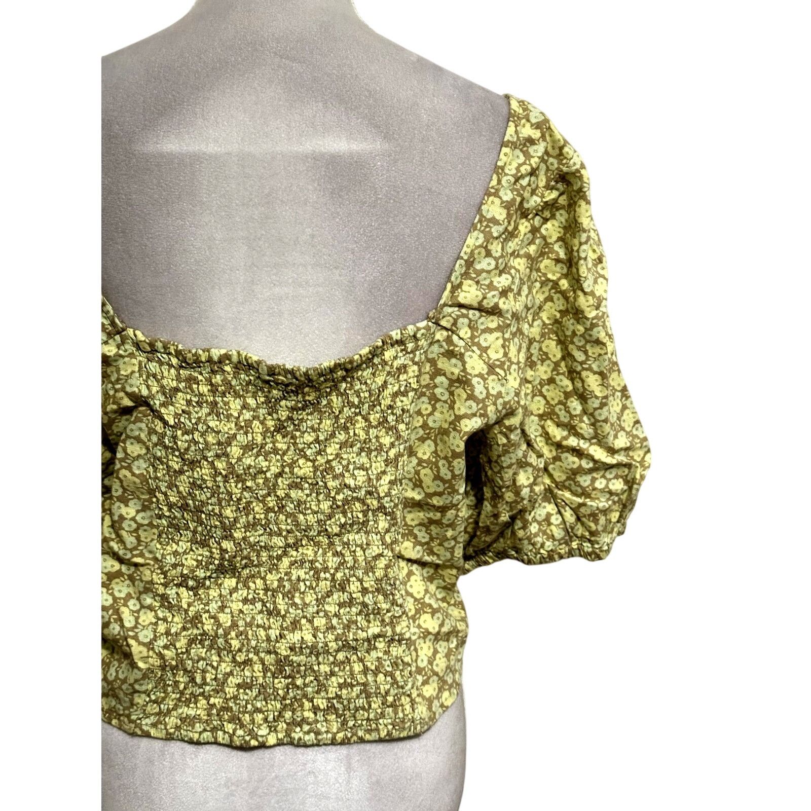 BP. BP. Puff Sleeve Crop Top Linen Yellow Floral Women's Plus 2X Size XXL / US 16-18 / IT 52-54 - 7 Thumbnail