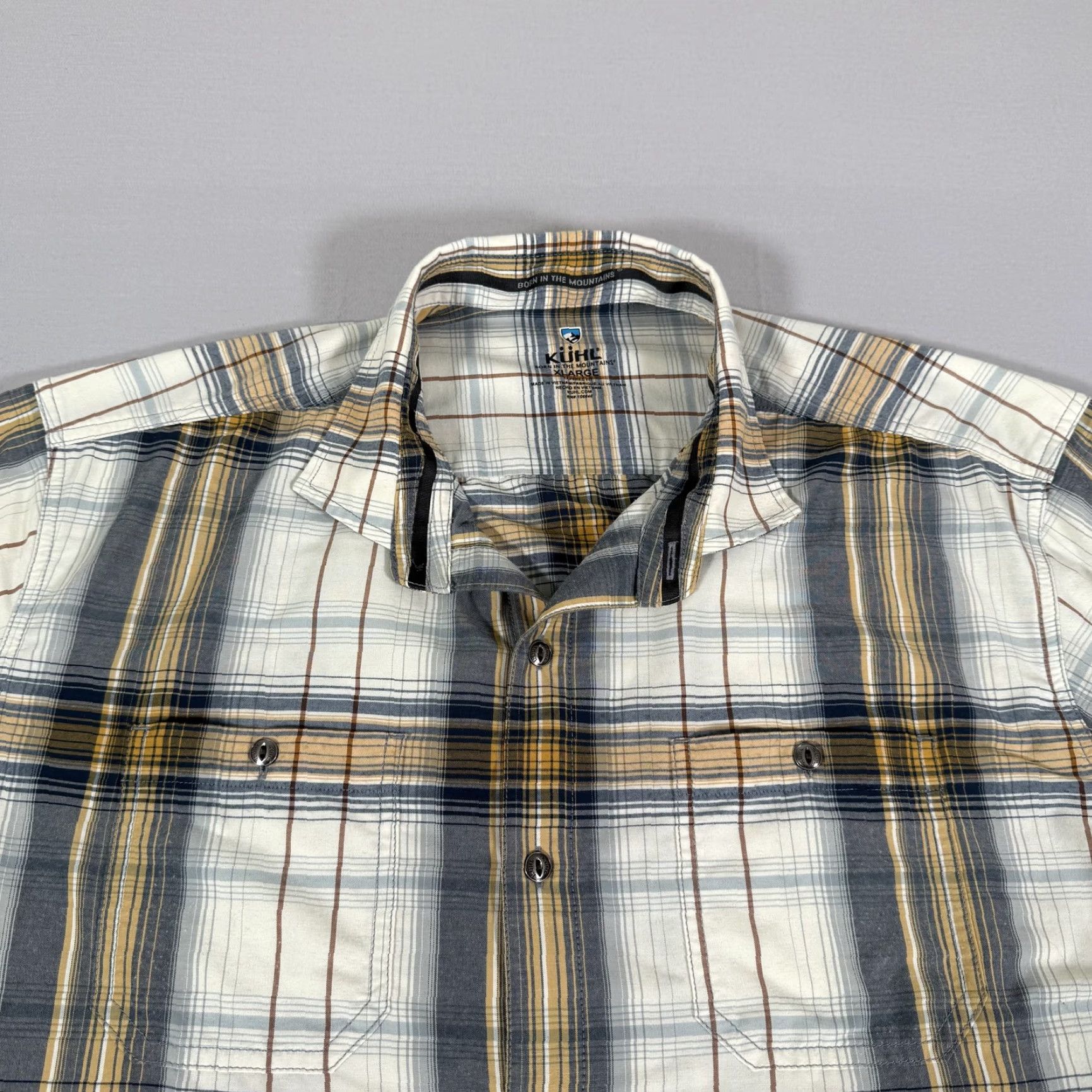 Vintage Kuhl Shirt Mens XL White Brown Button Up Styk Lightweight Stretch Outdoor Hike Plaid Outdoor Casual Mens XL White Beige Gray Yellow Button-Up Size US XL / EU 56 / 4 - 2 Thumbnail