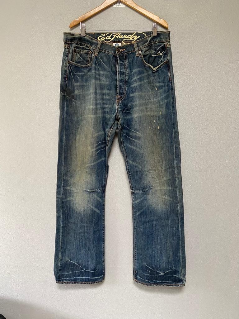 Christian Audigier × Ed Hardy × If Six Was Nine Ed Hardy baggy jeans big logo paint Size US 37 - 7 Thumbnail