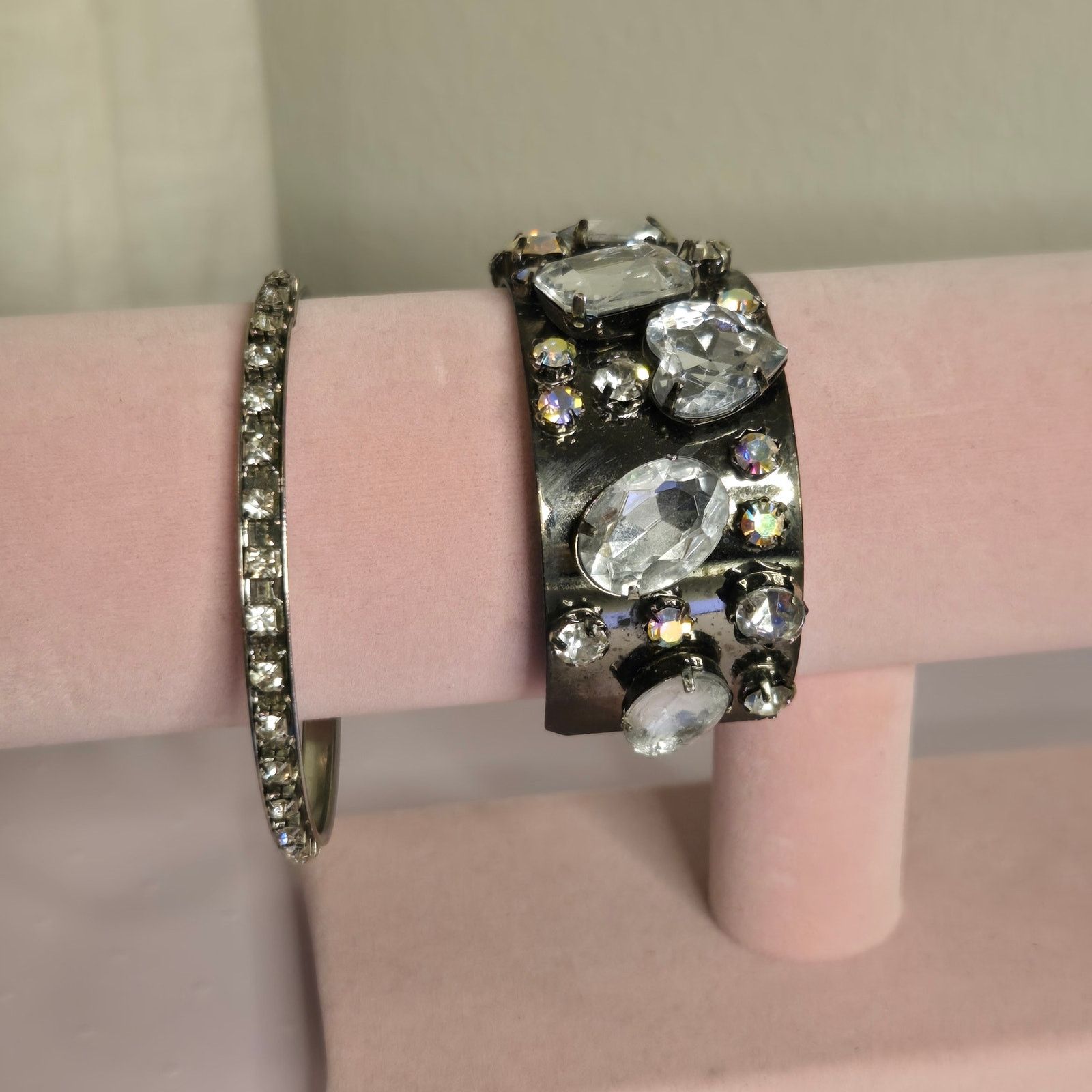 Vintage Clear Rhinestone Wide Bangle & Slender Tennis Bracelet Set Size ONE SIZE - 6 Thumbnail
