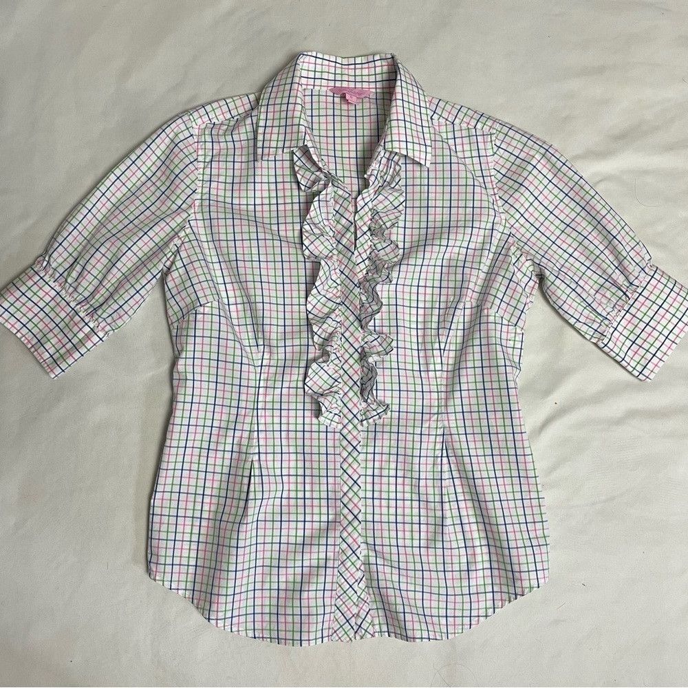 Lilly Pulitzer Lilly Pulitzer Button Ruffle Front Plaid Cotton Shirt Size Size L / US 10 / IT 46 - 5 Thumbnail