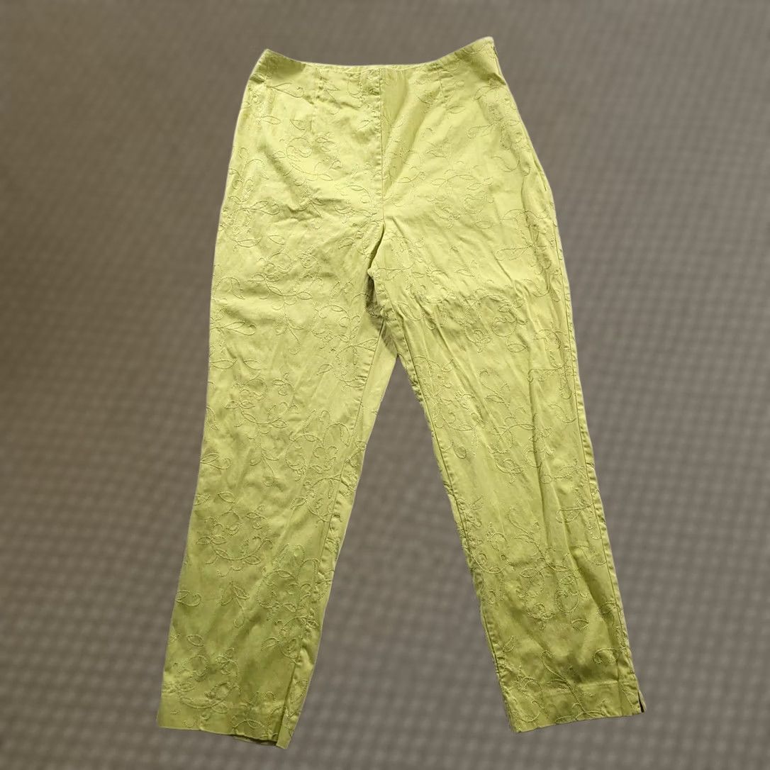 Vintage Dressbarn Green Floral Embroidered Cropped Pants Capri Size 10 Side Zip Size 32" / US 10 / IT 46 - 1 Thumbnail
