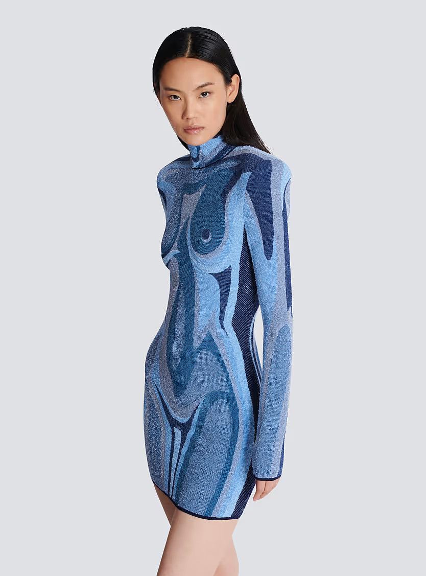 Balmain o1s1wg111225 Jacquard Knit Dress With Body Motif in Blue Size M / US 6-8 / IT 42-44 - 5 Thumbnail