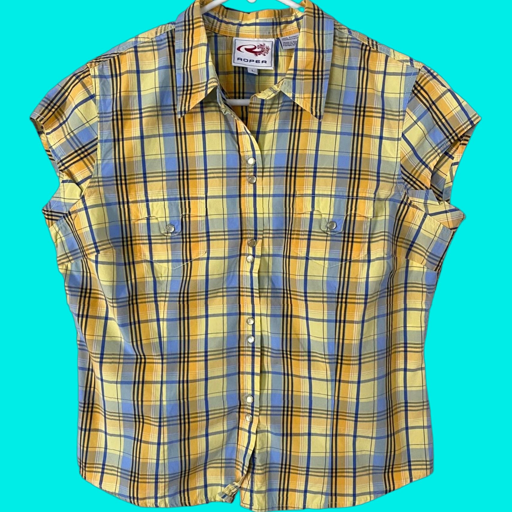 Roper Roper Western Plaid Pearl-Snap Shirt Yellow Cap Sleeve Women's Large Size L / US 10 / IT 46 - 1 Thumbnail