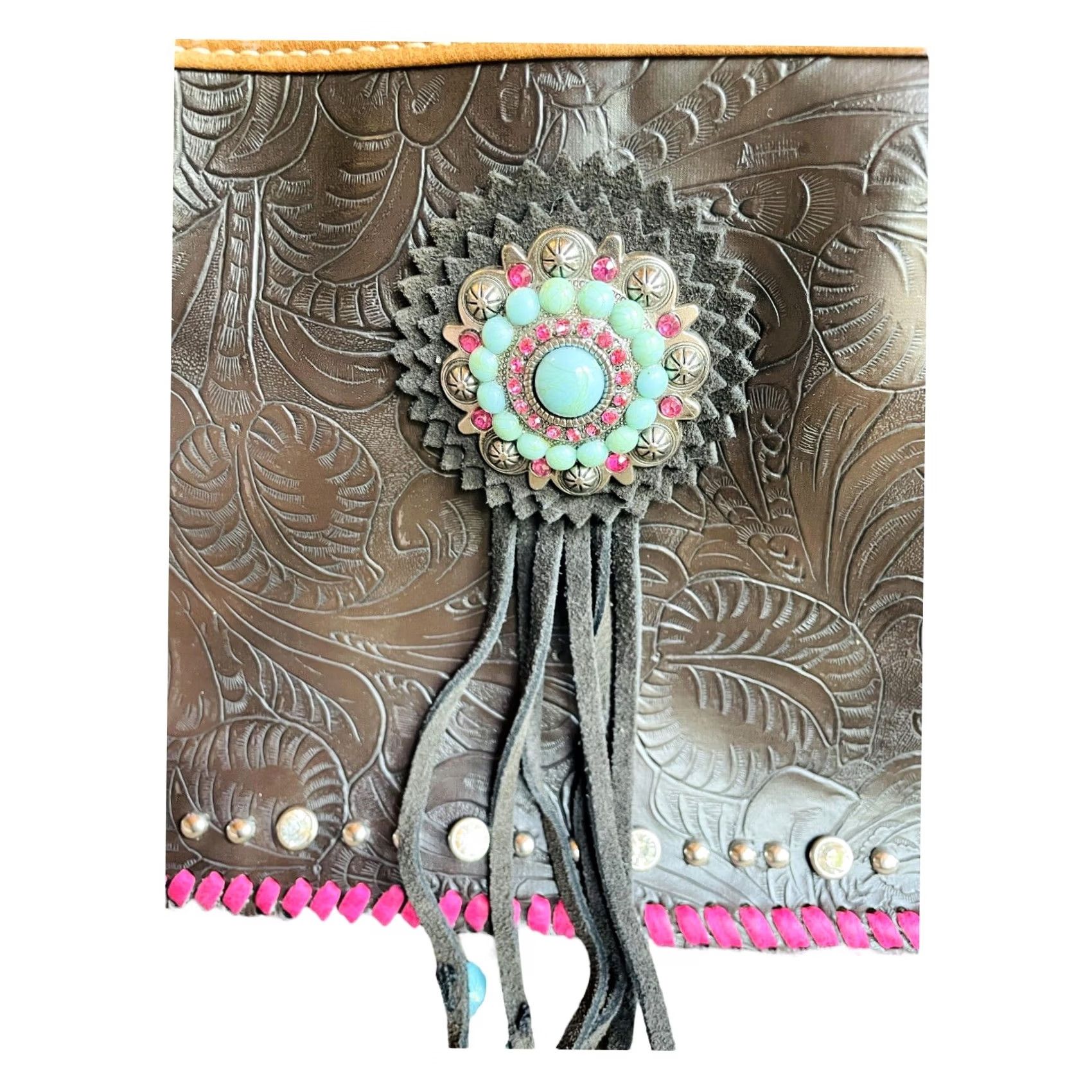Vintage VINTAGE? No — Montana West Shoulder Bag Women's Purse Black Faux Leather Concho Collection Modern 13in 8in 5in Zip Inner Pockets Fringe Leather Strap Size ONE SIZE - 3 Thumbnail