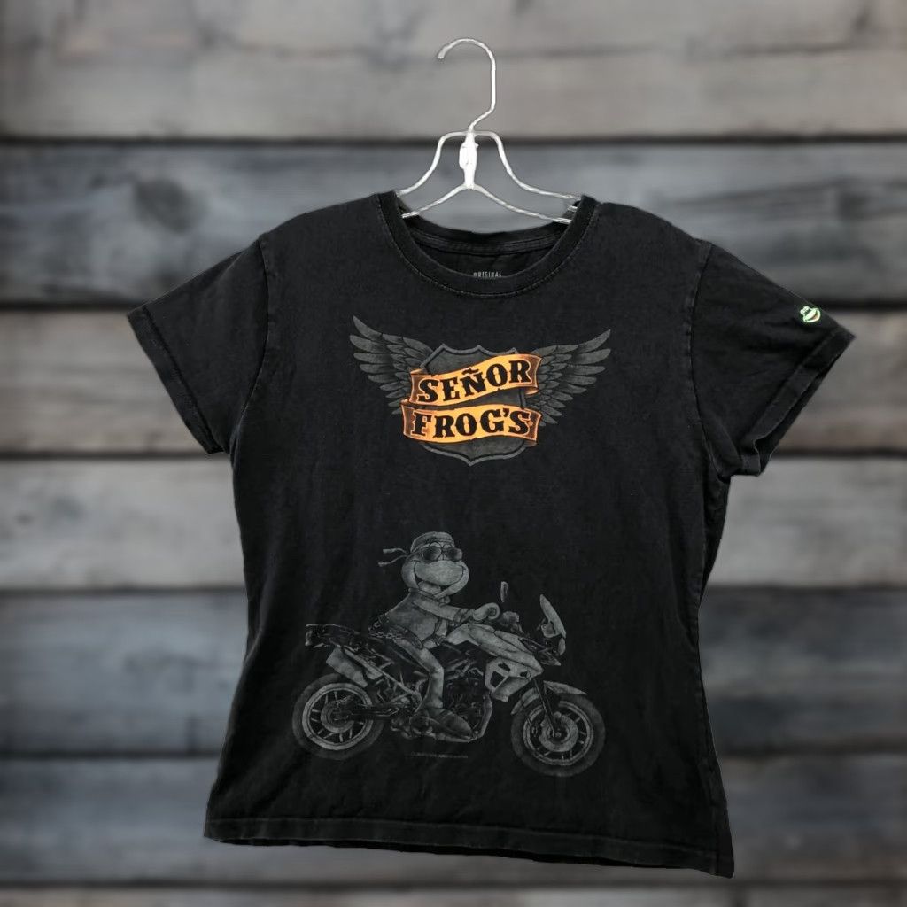 Vintage Senior Frogs T Shirt Womens L Black Fitted Short Sleeve Motorcycle Graphic Size L / US 10 / IT 46 - 1 Thumbnail