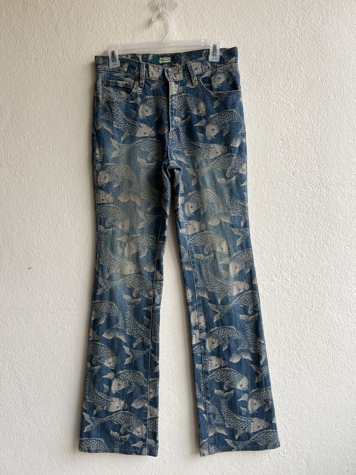 Karakuri Tamashii Mud Mash Mania Japan Embroidery Koi Fish Denim Flare Jeans Size US 29 - 22 Thumbnail