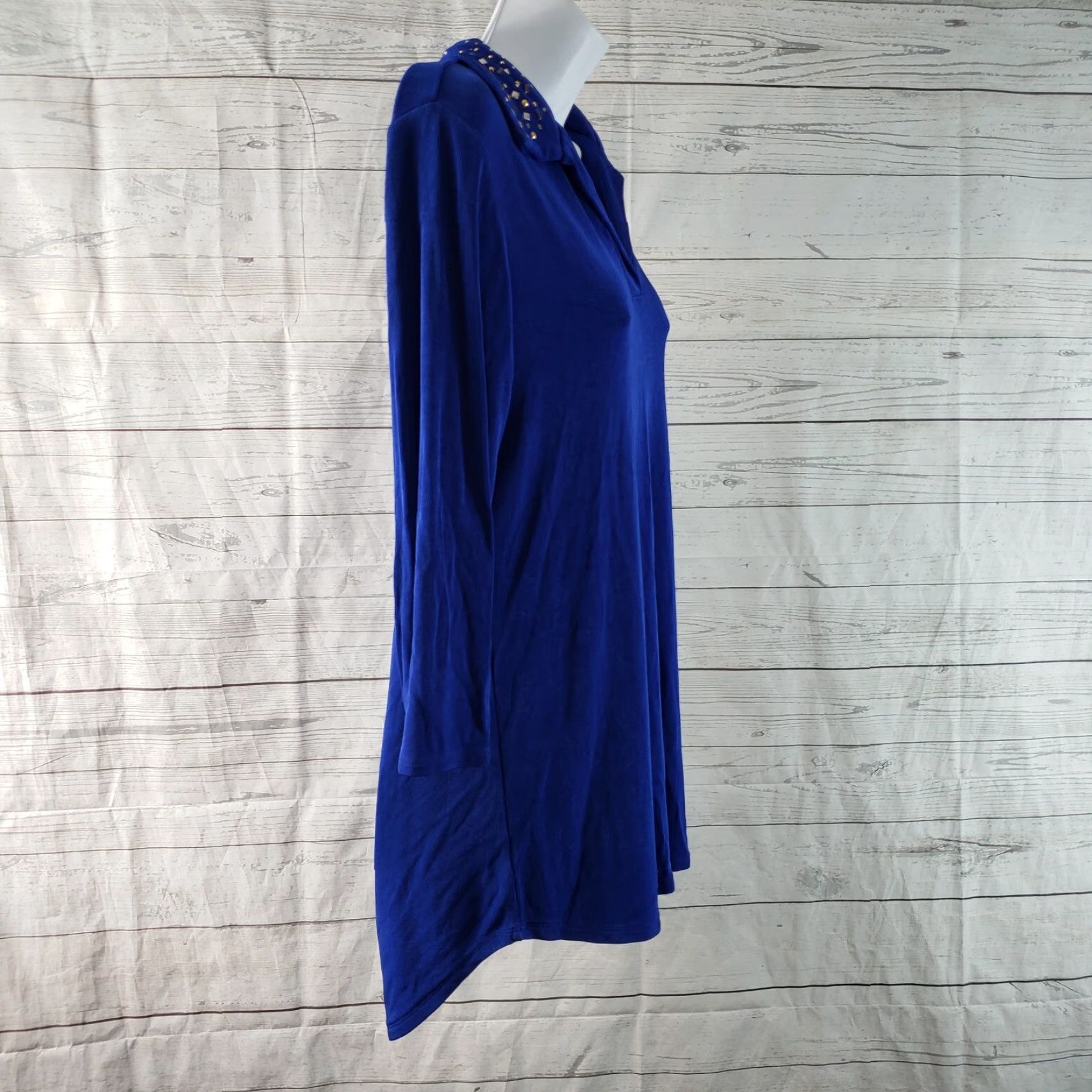 Vintage Chico's Travelers Women's Blouse Shirt 3/4 Sleeve Medium Blue Embellished Collar Travel Modern Solid Vintage No Size M / US 6-8 / IT 42-44 - 3 Thumbnail
