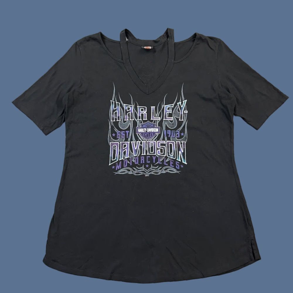 Harley Davidson Harley-Davidson Shirt Women's XL Black Cold Shoulder Flame Logo Motorcycle Biker T-Shirt Size XL / US 12-14 / IT 48-50 - 1 Thumbnail