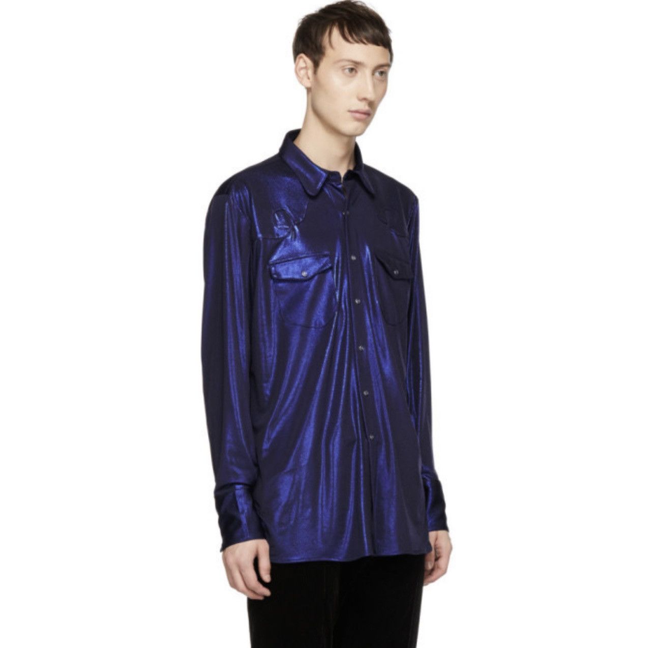 KOZABURO Kozaburo Navy Classic Fit Silk Lame Western Shirt Size US S / EU 44-46 / 1 - 2 Thumbnail