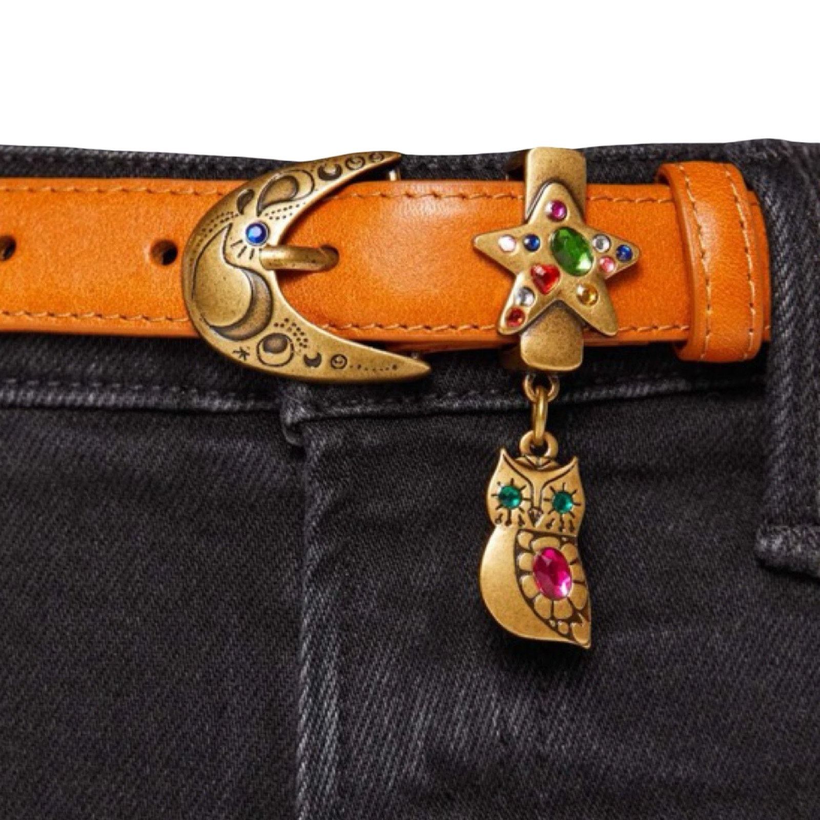 Mother Denim Charm School Brown Owl Star Moon Boho Leather Belt size M NEW Tags Mother Charm School Brown Owl Star Moon Leather Belt M NEW main image 4