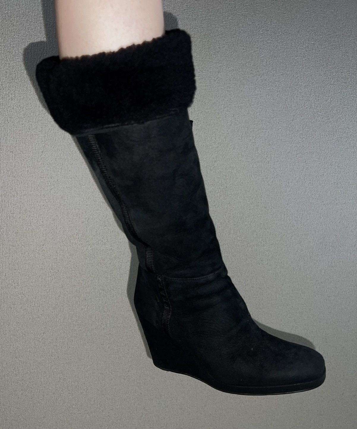 Prada Prada Black Suede Fur-Lined Knee High Wedge Boots Size US 7 / IT 37 - 2 Thumbnail