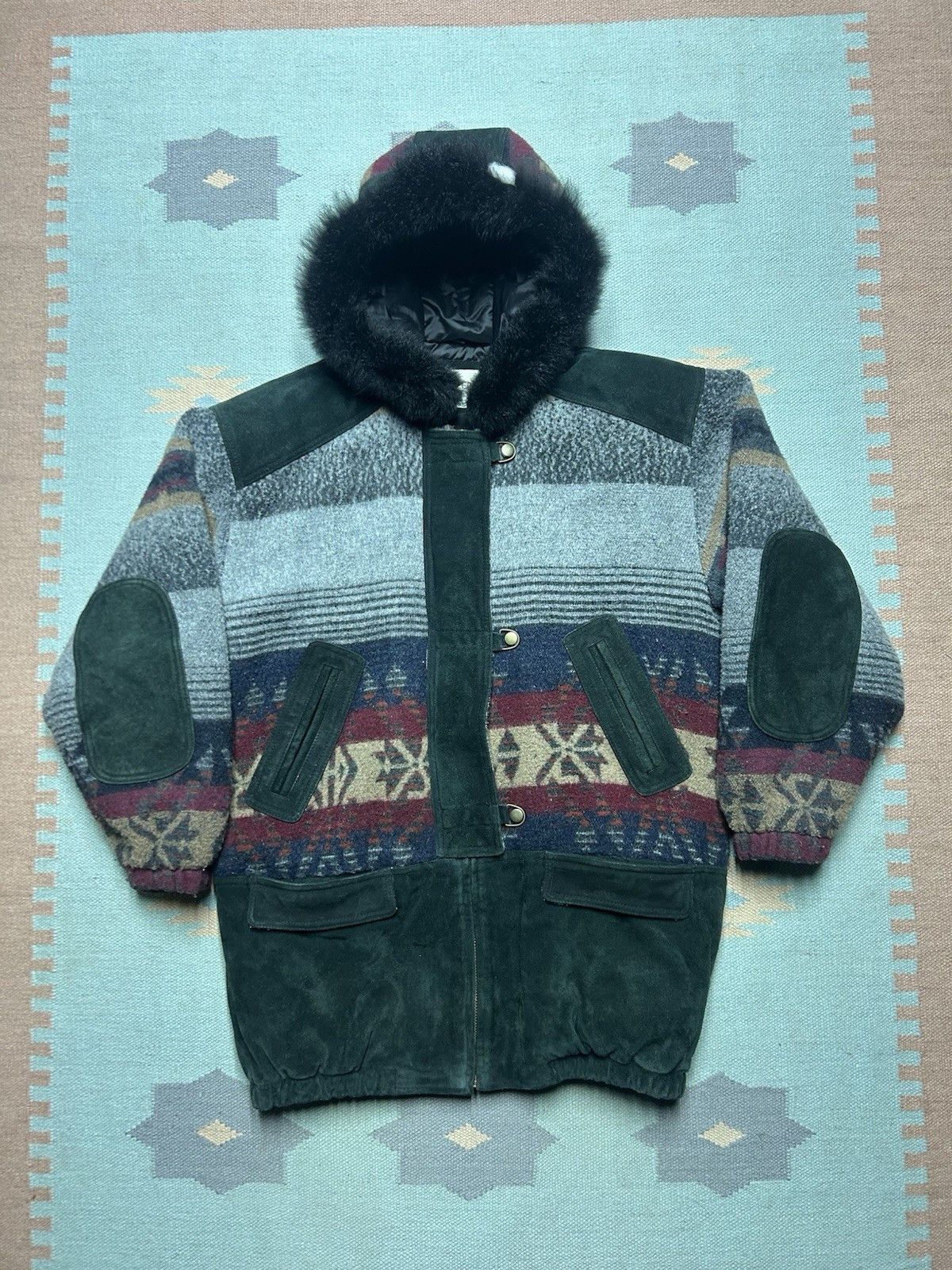Vintage 80s Aztec toggle coat wool leather hooded jacket XL