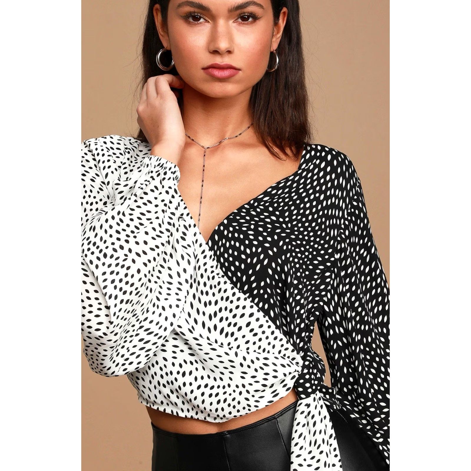 Lulus Lulus Cropped You Dot It Two-Tone Long Sleeve Wrap Top XS Women Shirt Blouse Multicolor Polka Dot Cruella Style Size XS / US 0-2 / IT 36-38 - 3 Thumbnail