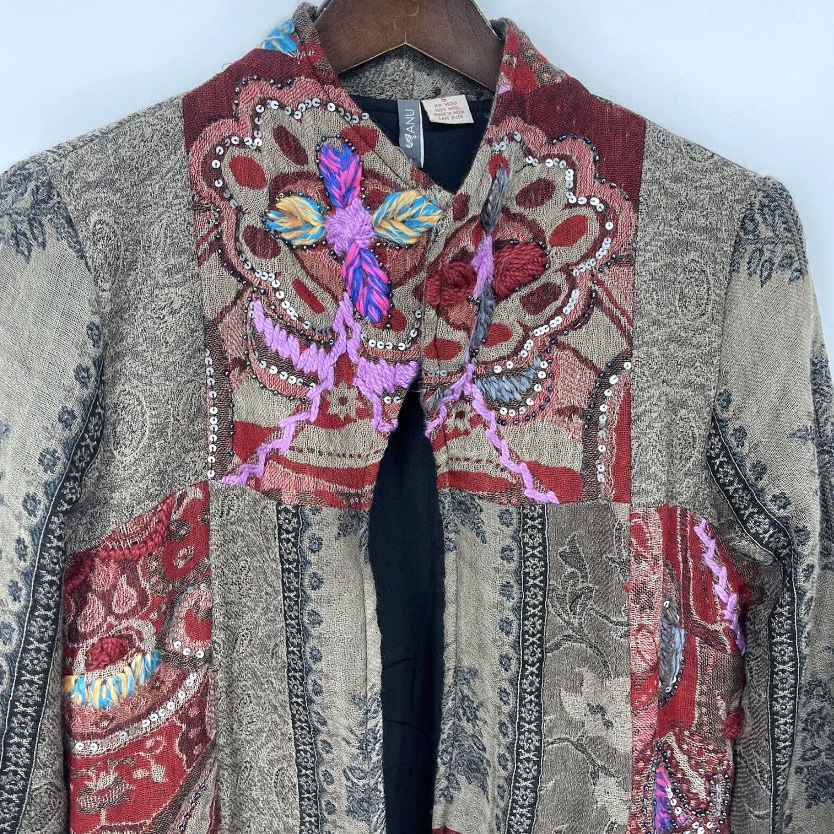 Vintage Anu Wool Sweater Women Small Floral Patchwork Cardigan Casual Brown Bohemian Size S / US 4 / IT 40 - 5 Thumbnail