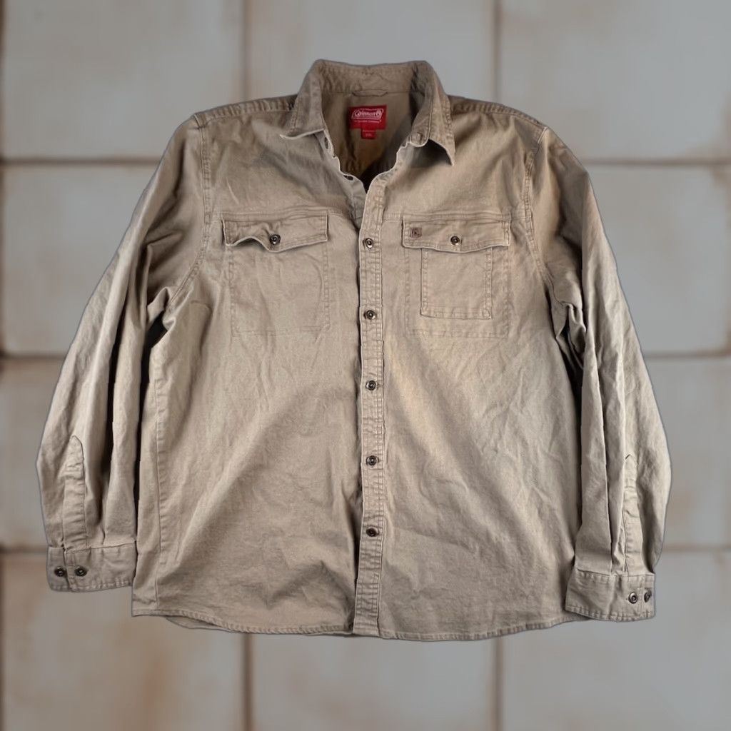 Vintage Coleman Button-Down Shirt Men’s XXL Stretch Canvas Beige Long Sleeve Outdoor Safari Camping Hunting Tear Resistant Barnwear Button-Up Collar-Down Size US XXL / EU 58 / 5 - 1 Thumbnail