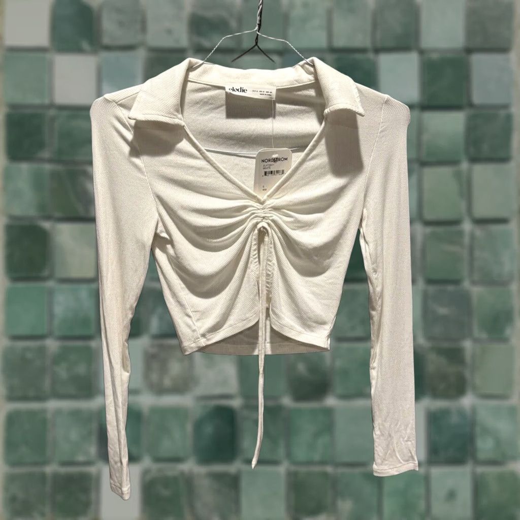 Vintage Elodie White Collared Long Sleeve Cinched Tie Crop Top Women’s S NWT Size S / US 4 / IT 40 - 1 Thumbnail