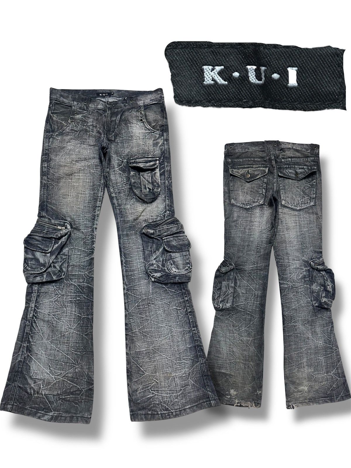 Vintage K.U.I. Cargo Jeans | Rare Japanese Streetwear | Flared Faded Size US 34 / EU 50 - 1 Thumbnail