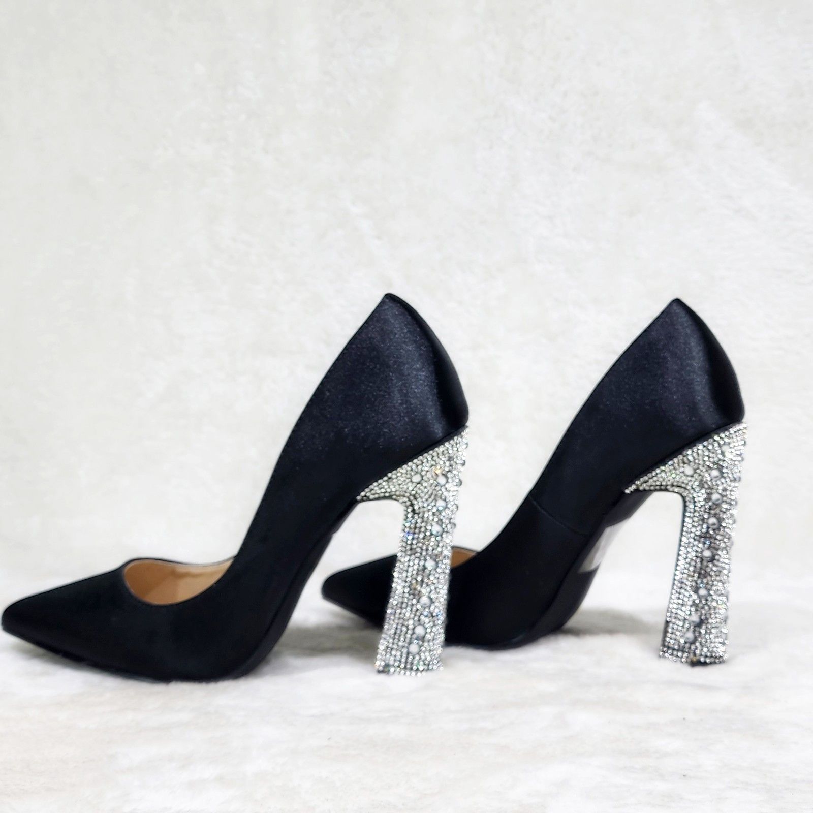 Other Klume Black Satin Pumps Chunky Rhinestone High Heel Evening Size US 8 / IT 38 - 2 Thumbnail