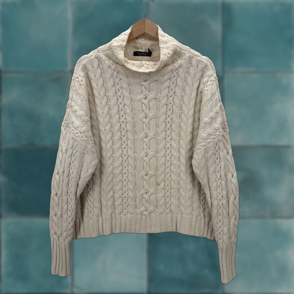 Ralph Lauren Lauren Ralph Lauren Sweater Womens Large White Cable Knit Cowl Neck Fisherman Size L / US 10 / IT 46 - 1 Thumbnail