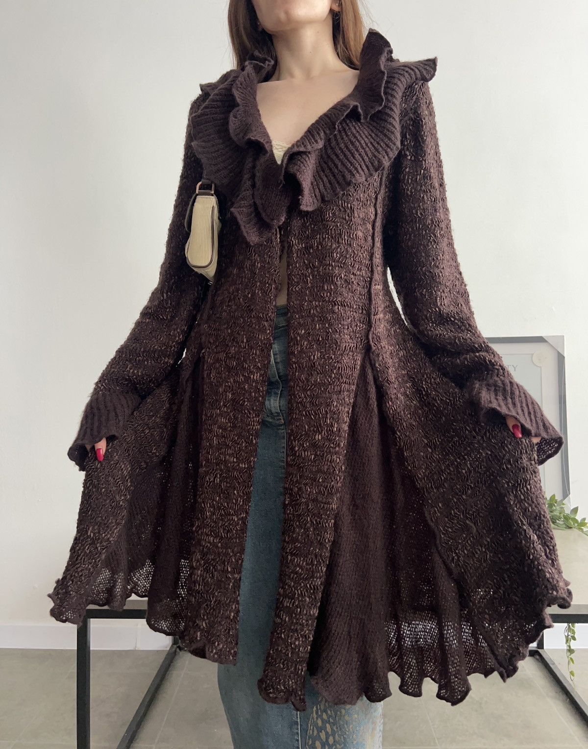 Vintage Gorgeous Long Knit Cardigan Brown Ruffle Y2K Vintage Size M / US 6-8 / IT 42-44 - 1 Thumbnail
