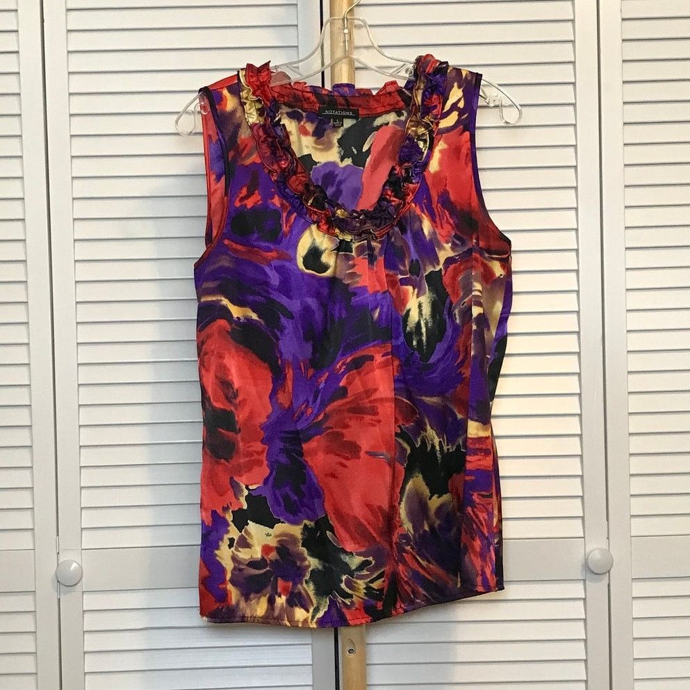 Other Notations Y2K Abstract Floral Ruffled Sleeveless Blouse L Size L / US 10 / IT 46 - 1 Thumbnail