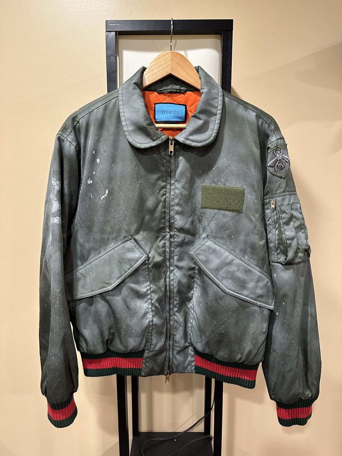 Gucci Hand Painted Ghost Bomber Olive Green Jacket