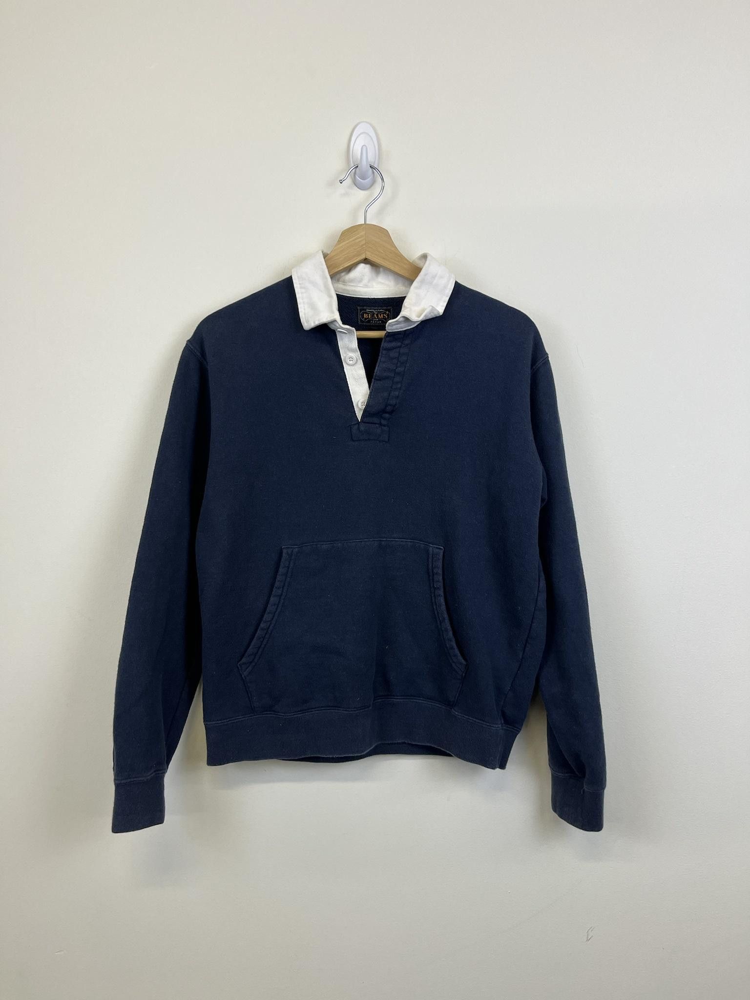 image of Beams Plus Rugby Polo With Hoodie Pocket in Navy, Men's (Size Small)