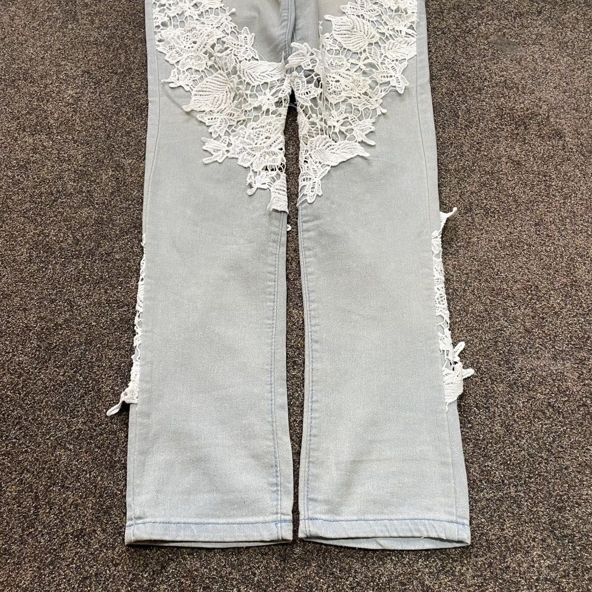 Vintage Y2K Vintage Floral Lace Distressed Wide Leg Jeans Cream Punk Size 32" / US 10 / IT 46 - 6 Thumbnail