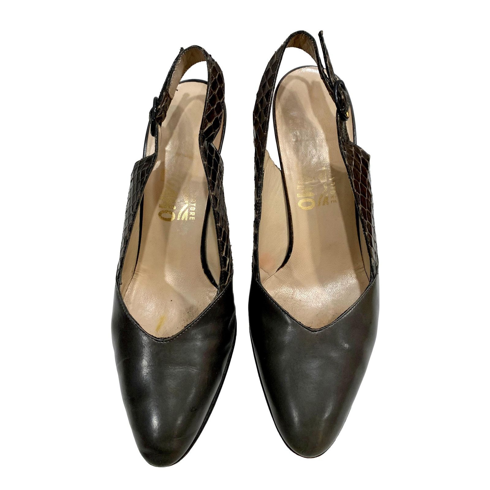 Genuine Leather × Salvatore Ferragamo × Vintage Vintage Ferragamo Dark Gray Leather & Snake Sling Backs | 6 Size US 6 / IT 36 - 4 Thumbnail