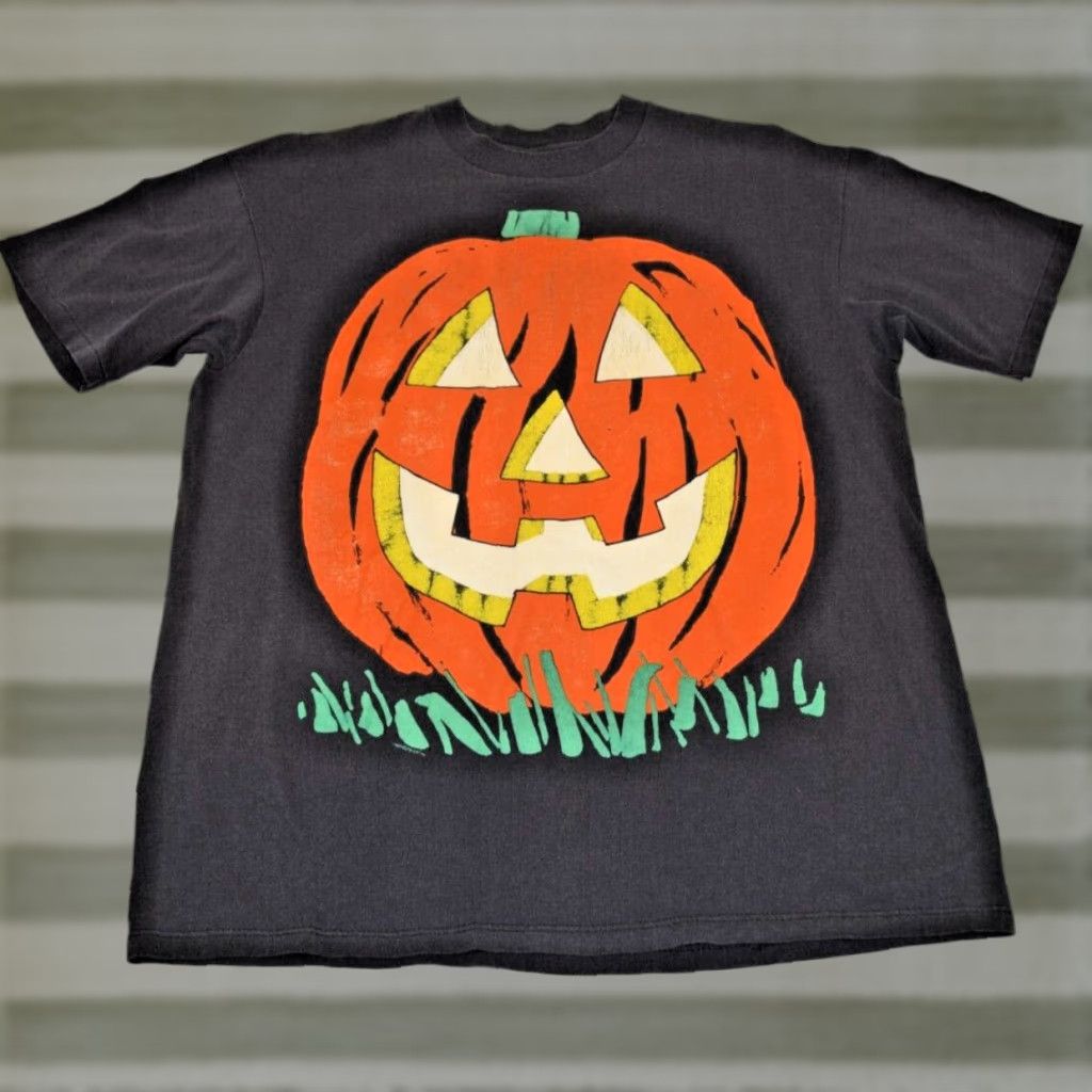 VINTAGE Stedman T-Shirt 1988 80s Smiling Jack O Lantern Cotton Unisex Size L/XL Black Graphic Tee Mens