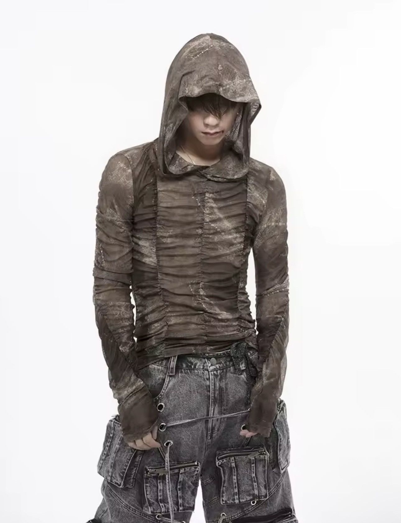 Japanese Brand Streetwear Designer Pleated Vintage Long Sleeve Hooded Shirt Size US L / EU 52-54 / 3 - 4 Thumbnail