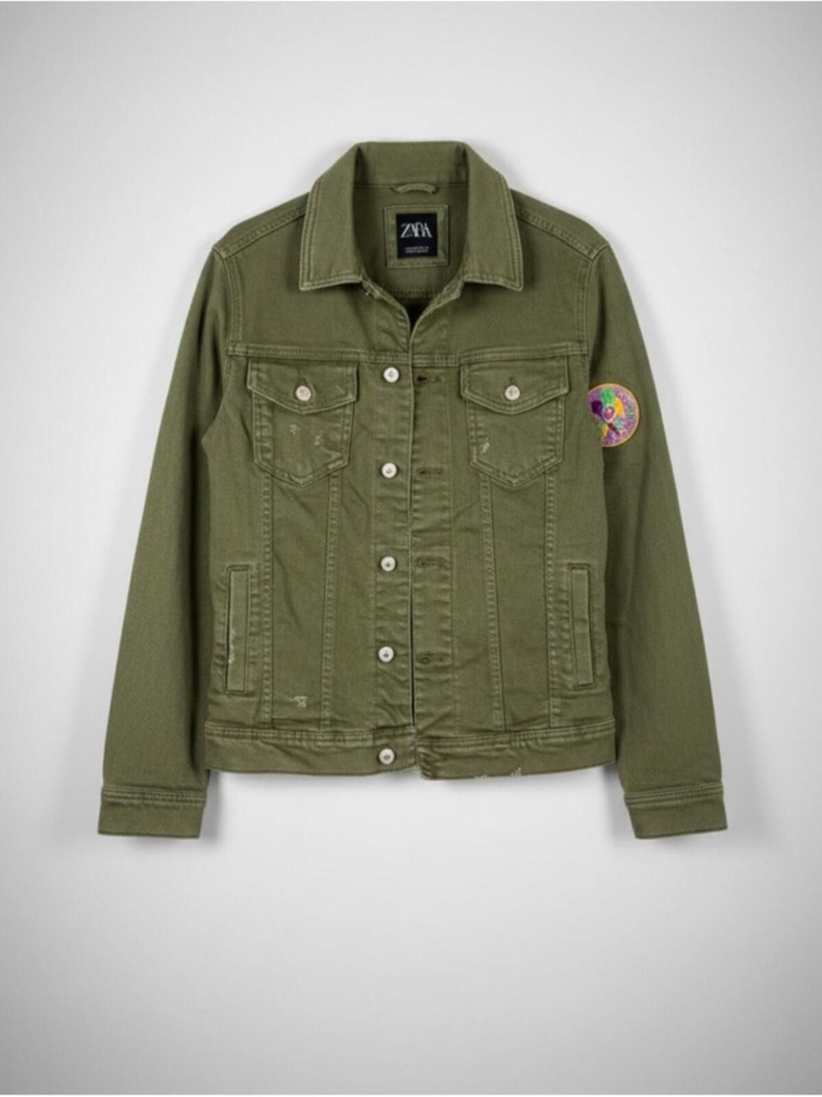 Zara Zara Olive Green Denim Jacket with Colorful Sleeve Patch Size S / US 4 / IT 40 - 1 Thumbnail