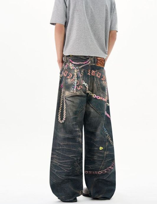 Vintage American-style men's wide-leg digital print denim jeans Size US 32 / EU 48 - 5 Thumbnail