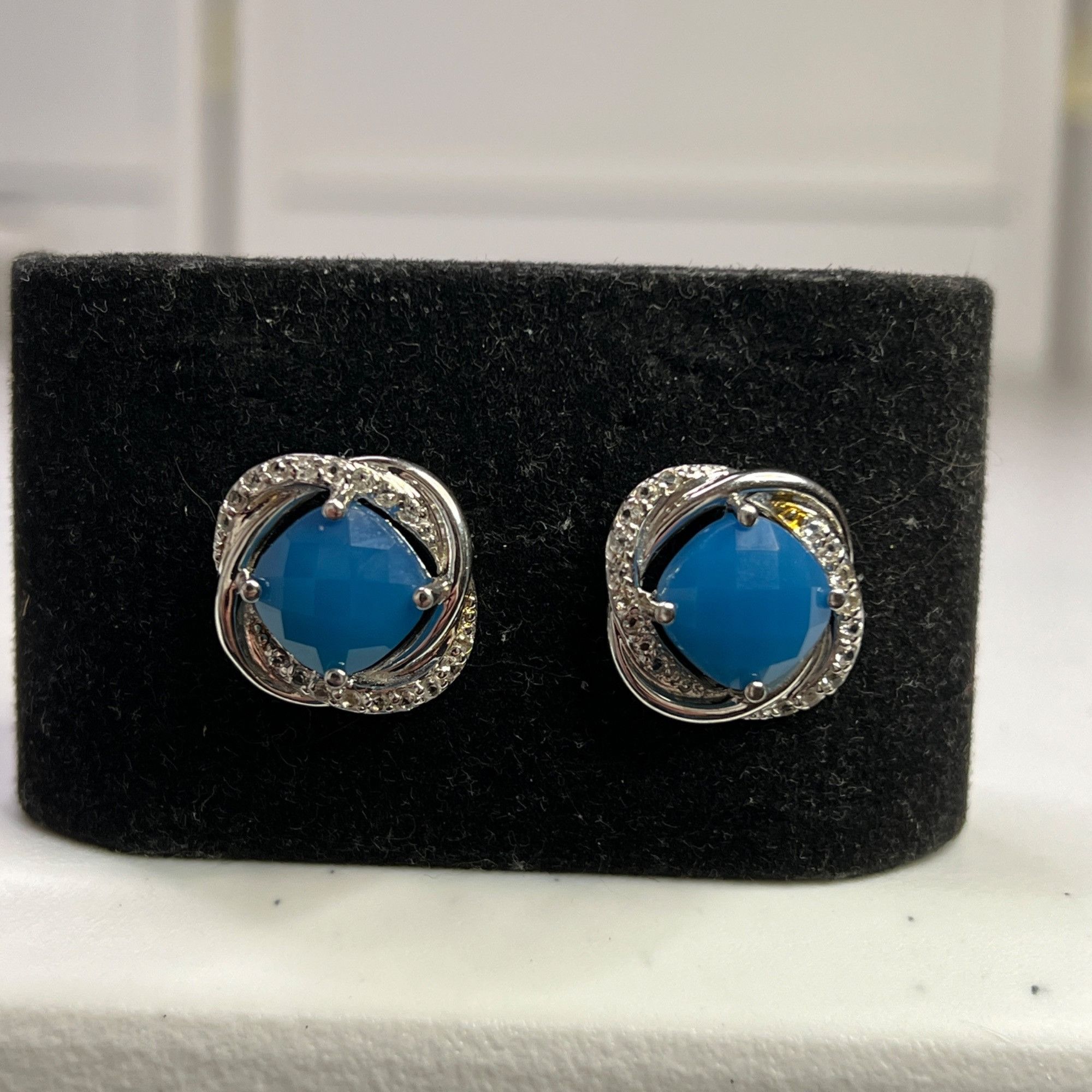 Designer Blue Gemstone Silver Knot Stud Earrings With Clear CZ Accent Size ONE SIZE - 4 Thumbnail