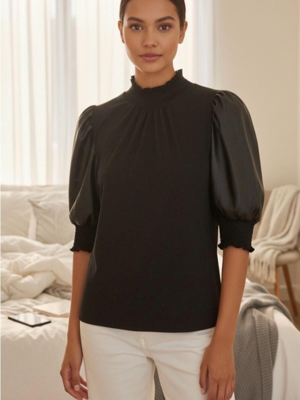 Other Black Puff-Sleeve Mock Neck Blouse Size S / US 4 / IT 40 - 2 Thumbnail