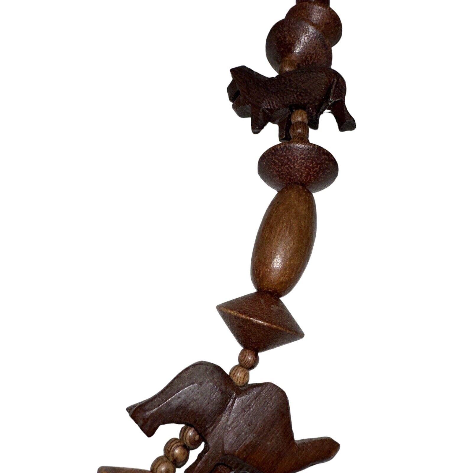Handmade African Safari Chunky Wooden Necklace Carved Elephants Lions Size ONE SIZE - 4 Thumbnail